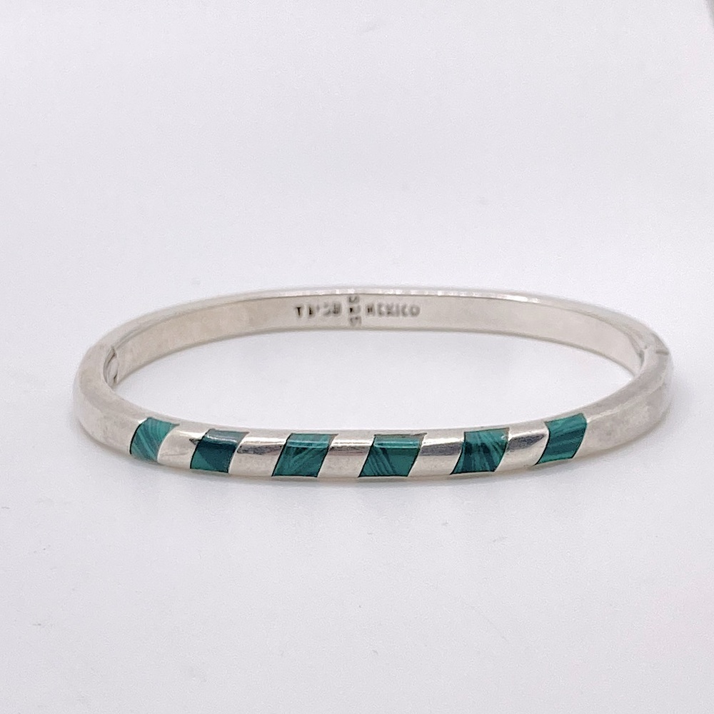 Vtg Taxco Sterling Malachite Inlay Pinch Bracelet TM-38 / 7” C / 2” D / 28g